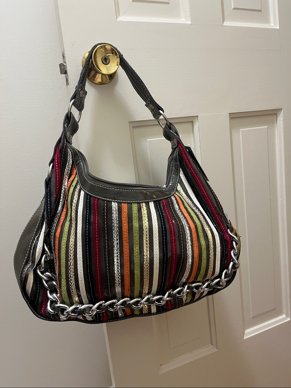 NWT Colorful tote bag w/metal accents striped purse with pockets Vintage